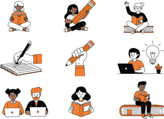 Diverse group of people reading and studying with books and laptops illustration