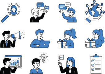 Collection of business and technology icons featuring people and data visualization