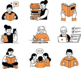 Collection of diverse people reading books and studying in various poses
