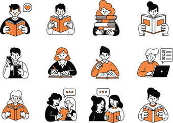 Diverse group of people reading books and using technology in various settings