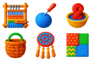 Variety of colorful toys and crafts, including a basket, a ball, a needle