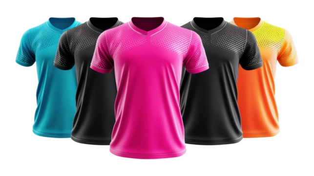 Five sports jerseys in different colors isolated on a transparent background