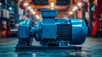 Close-up of a strong blue electric motor with a soft blurred backdrop, highlighting advanced engineering, reliable performance, and industrial power.