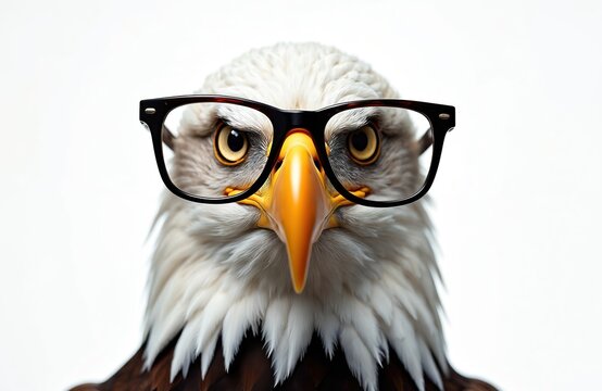 Wise bald eagle wears eyeglasses, posing against white background. Majestic bird of prey shows intelligence and focus. Close up portrait of wild animal.