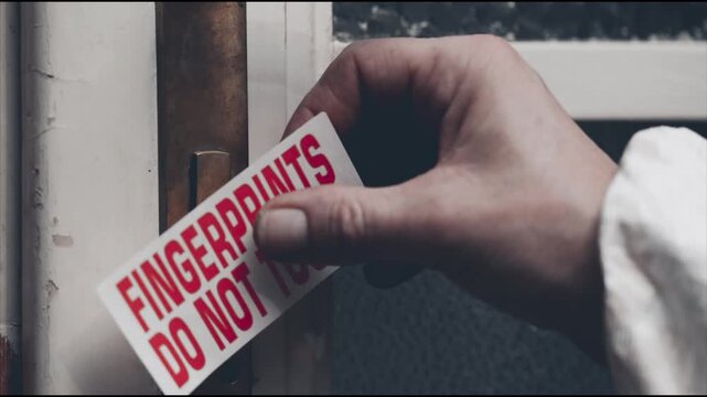 Detail of searching for fingerprints on crime scene by criminologist around door handle
