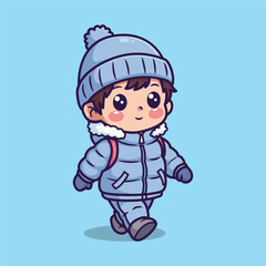 Cute Winter Child Vector Illustration in Blue Puffy Outfit with Backpack on Light Blue Background