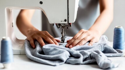 Woman Making Clothes with Sewing Machine and Spools