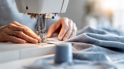 Woman Making Clothes with Sewing Machine and Spools