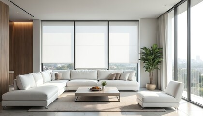 Modern apartment living room interior. Large white sectional sofa, coffee table, accent chair define bright spacious area. Full height windows feature white automatic roller blinds, showing urban