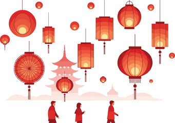 Festive Lanterns and Figures Celebrating a Cultural Festival with Pagoda Silhouette