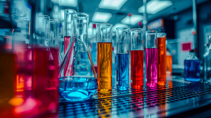 Colorful chemical liquids in clear glass flasks stand on a metal surface in a modern lab, reflecting bright light and a clean scientific atmosphere.