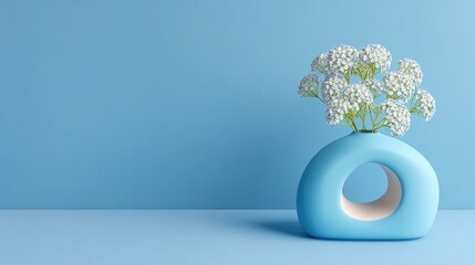 Blue Art Vase with Baby's Breath Flowers, Minimalist Design for Interior Decoration