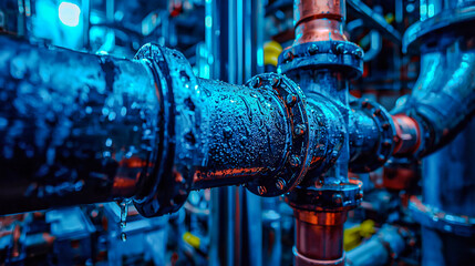 Close-up of a wet metal pipe with copper fittings under cool blue industrial lighting, showcasing moisture, texture, and precise engineering details.