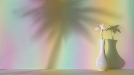 White Vase with Plumeria Under Colorful Light and Shadow, Minimalist Design for Interior Decoration