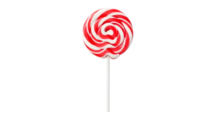 A swirling red and white lollipop on a white stick against a black background