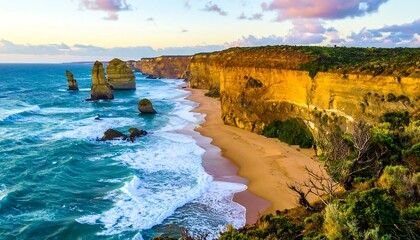 Aerial view of a scenic coastal landscape with rock formations