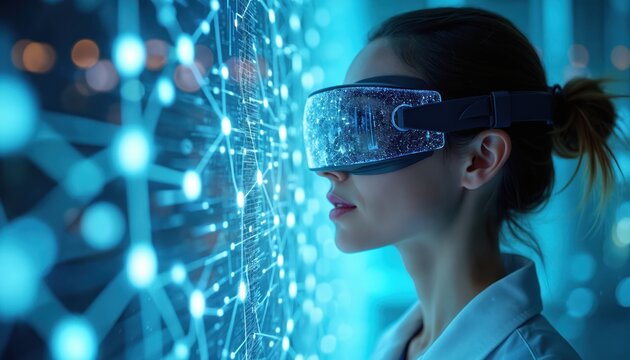 Woman wears VR headset interacting with digital network visualization. Futuristic tech immersion in virtual reality. Science research and data analysis in metaverse.