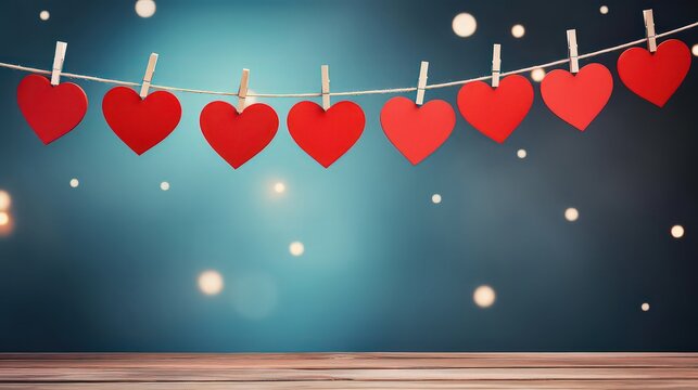 Red hearts hanging from above. Valentine background with copy space. - Powered by Adobe