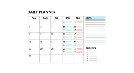A daily planner with sections for dates times notes and priorities