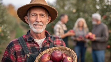 Harvest Scene in Orchard: Elderly Farmer Holding Apple Basket and Smiling