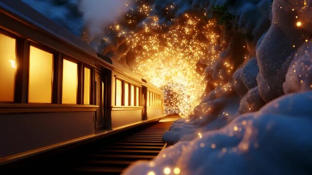 A mesmerizing train journey through a magical tunnel filled with shimmering sparks and a warm glow, creating a dreamlike atmosphere as it chugs along the tracks with enchanting lights guiding its path