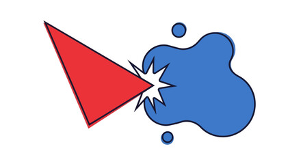A red triangle collides with a blue blob creating a starburst effect Two small circles are also present