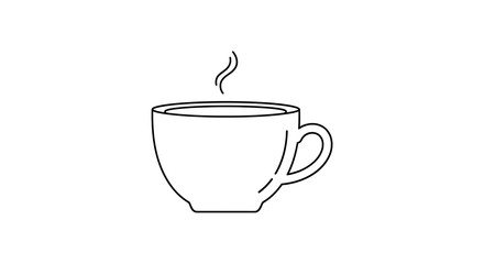 A steaming mug is displayed with a simple monochrome line art design set against a clean white backdrop