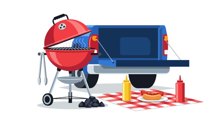 A tailgate grill scene features a red grill blue pickup truck picnic blanket condiments and hot dogs suggesting a cookout