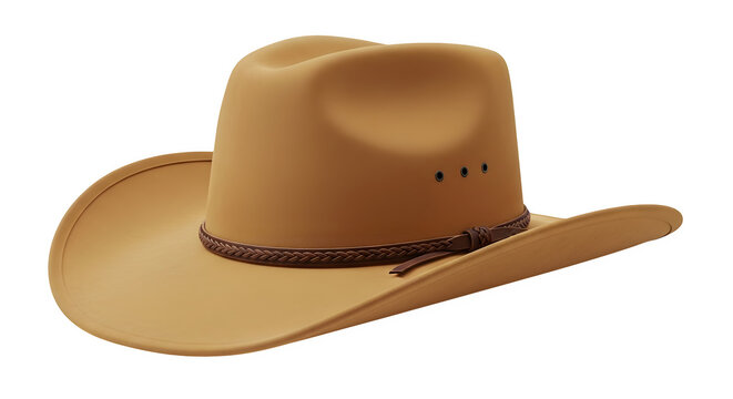Classic tan cowboy hat with decorative band isolated against a black background