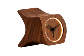Elegant curved wooden desk clock with illuminated dial and minimalist black hands