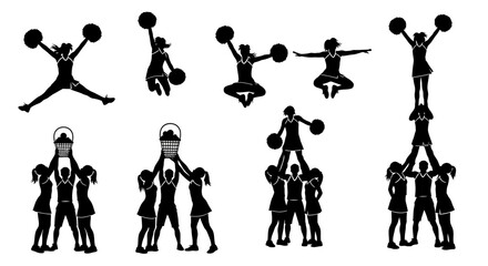 Cheerleading silhouettes show various stunts jumps and formations against a white backdrop