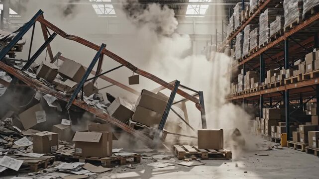 Collapsing storage rack with falling boxes and papers in dusty warehouse disaster. Industrial accident of goods falling.