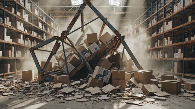 Warehouse shelving collapse with boxes and debris in a damaged industrial storage facility