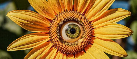 Macro flower with a realistic human eye at its core, following the viewer.