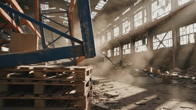 Collapsed warehouse shelves and pallets during an industrial disaster, showing dust and debris in a damaged factory building