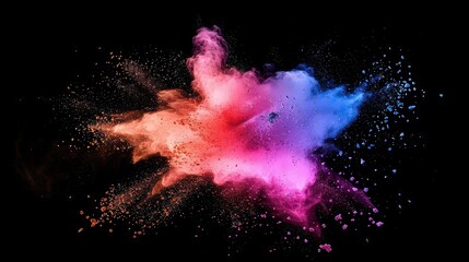 A dense, multicolored explosion of Holi powder in purple, blue, yellow, red and pink on a black background.