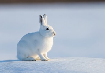 Obraz premium Arctic hare sitting on snowy hill