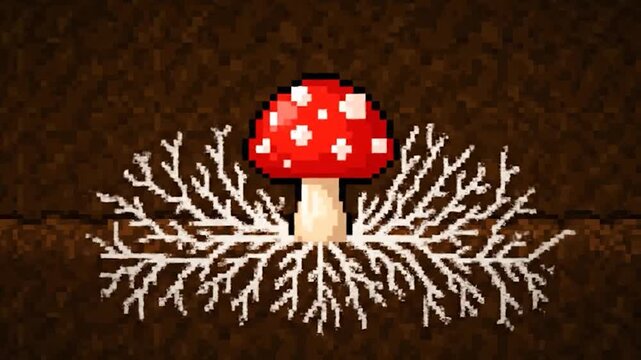 Pixelated mushroom illustration with a red cap, white spots, and roots growing in brown soil
