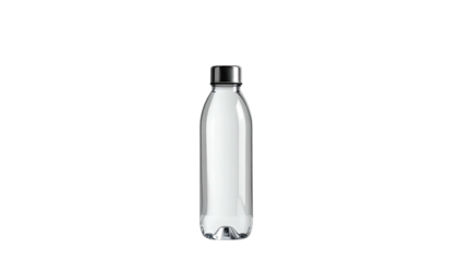 Clear water bottle with silver cap isolated on black background