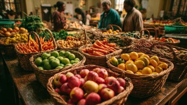 Local community perspective volunteers organizing fresh produce for food security event