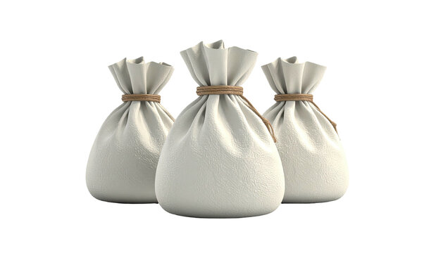 Three white cloth bags tied with cord, on a black background