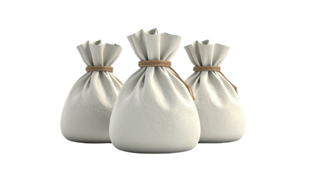 Three white cloth bags tied with cord, on a black background