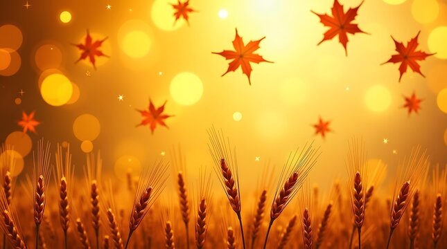 Theme Harvest Festival, golden background with glowing wheat patterns and autumn maple leaf silhouettes