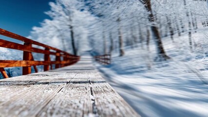 Winter Wonderland Walk: A snow-covered walkway, bordered by a wooden railing, winds its way through a forest of frost-laden trees, creating a serene and picturesque winter scene. - Powered by Adobe