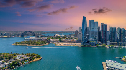 18 November 2025 Panoramic night view of Sydney Harbour and City Skyline of NSW Australia beautiful colourful skies on a beautiful spring day