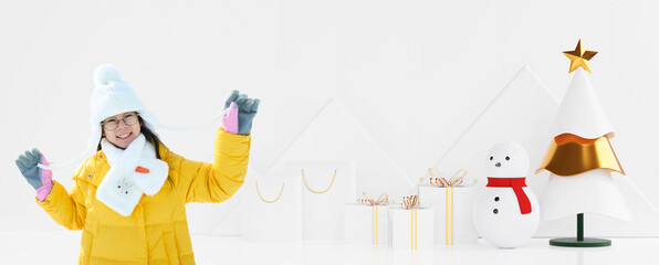 Happy woman celebrating winter holidays with festive decorations