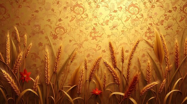 Theme Harvest Festival, Shimmering golden tapestry pattern with wheat, vines, and autumn leaves