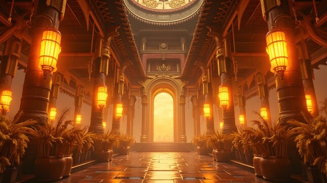 Theme Harvest Festival, A mystical harvest temple decorated with glowing wheat garlands and golden lanterns