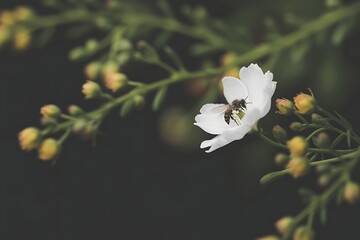 Close up of bee on white flower with green foliage and buds insect blossom