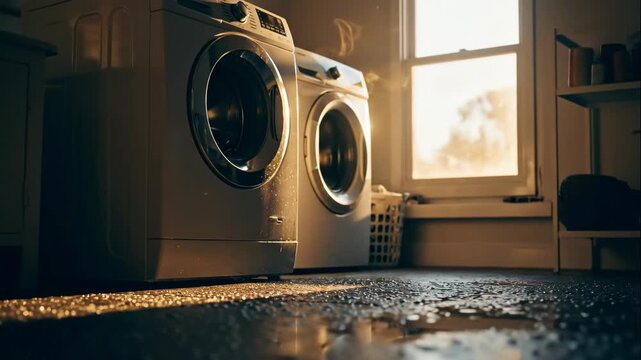 TITLE: Leaking washing machine with water on floor due to malfunction in laundry room, home appliance repair concept.